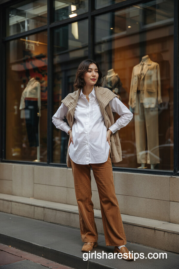Shirt, Knit Vest & Corduroy Pants Layering