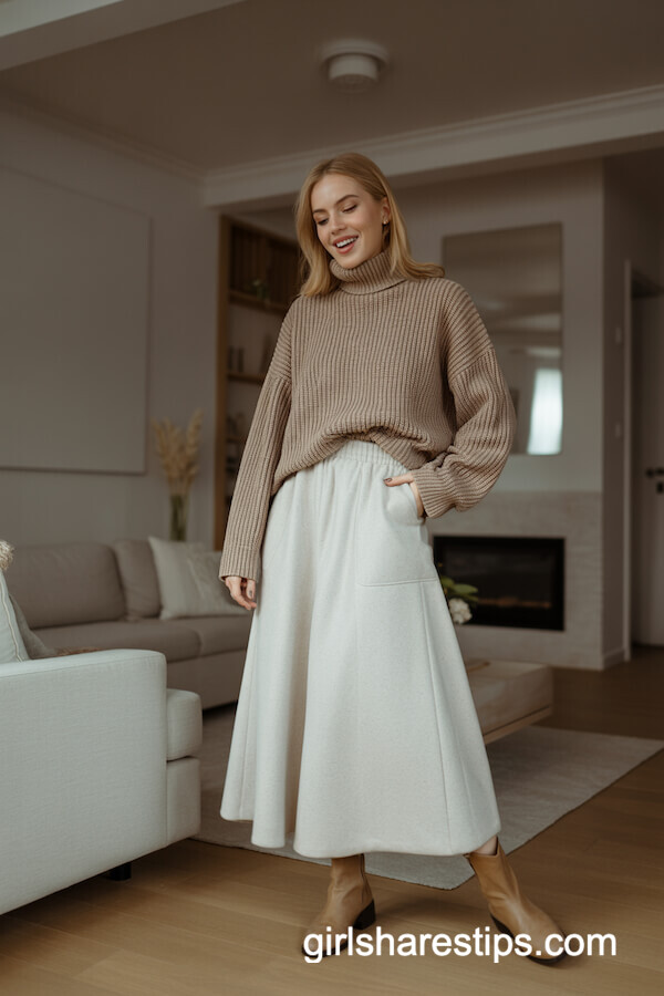 Cream Wool Maxi Skirt with Chunky Beige Sweater and Tan Boots