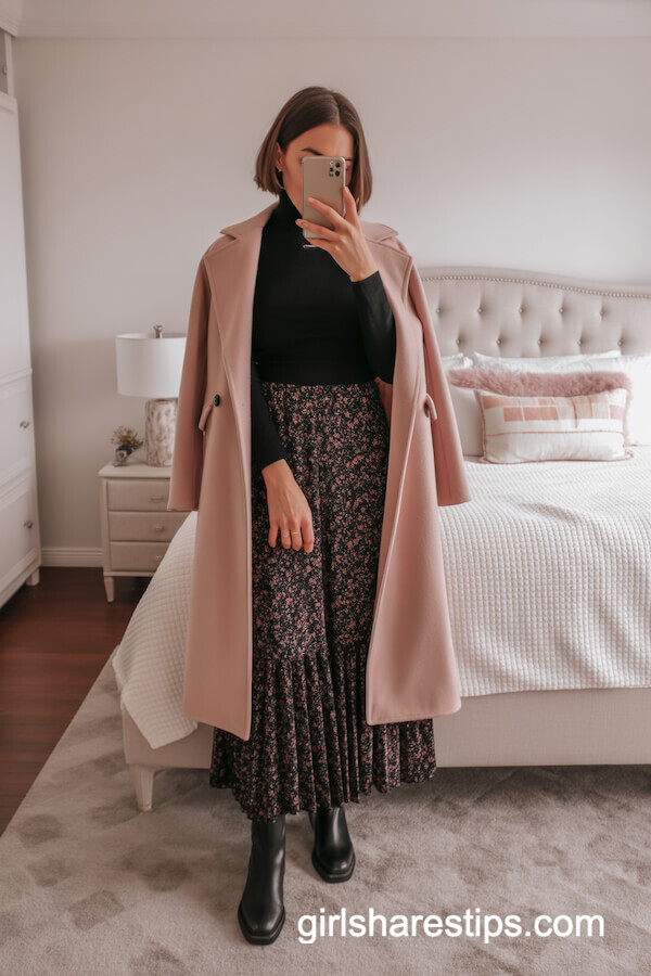 Dark Floral Maxi Skirt with Turtleneck and Blush Peacoat