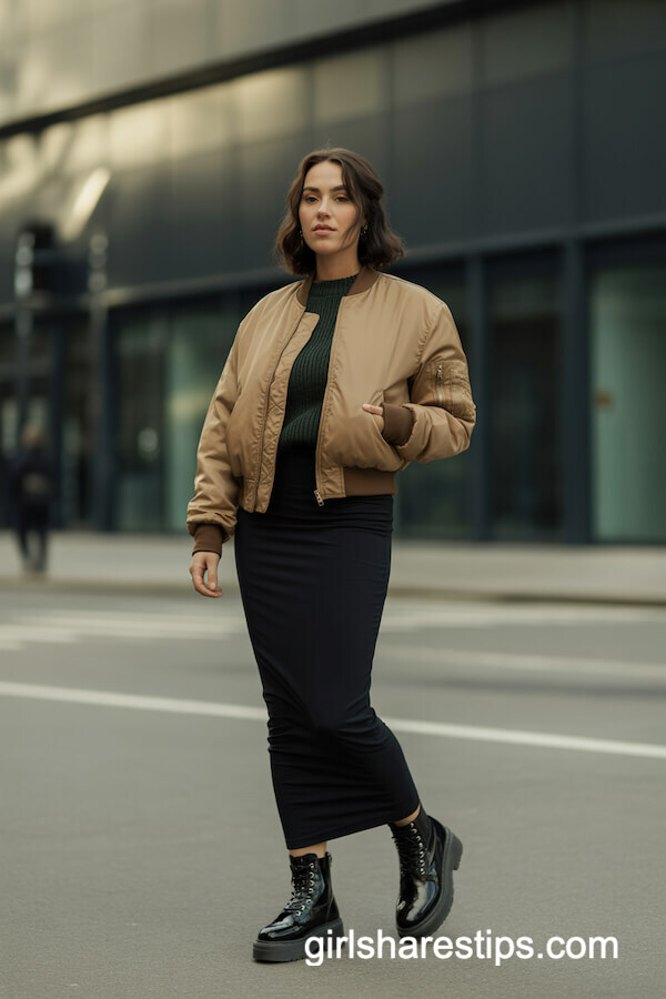 Black Maxi Skirt with Knit Pullover and Tan Bomber Jacket