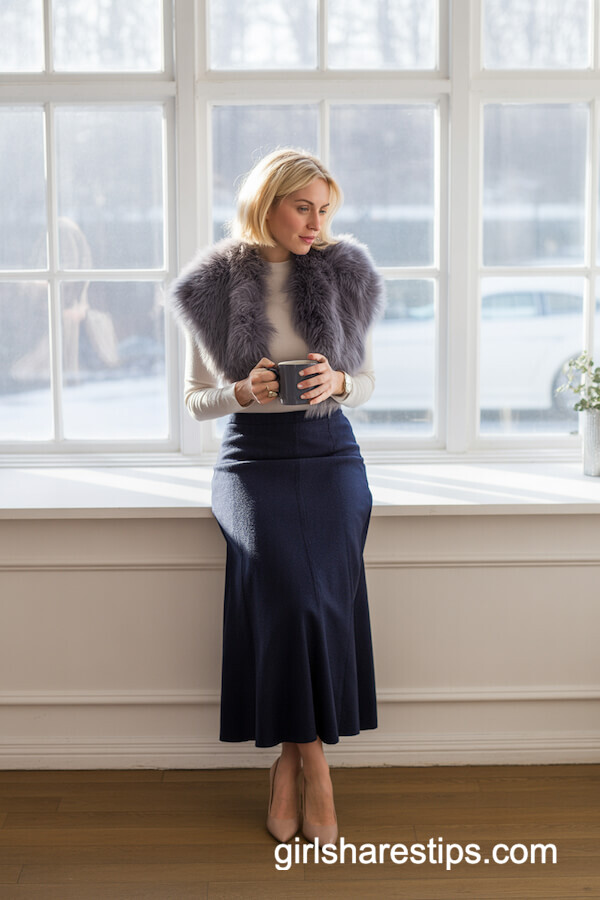 Navy Wool Maxi Skirt with Cream Top and Faux Fur Stole
