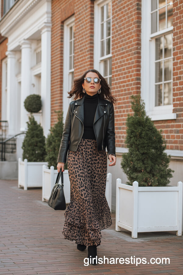Leopard Print Maxi Skirt with Leather Jacket and Sunglasses