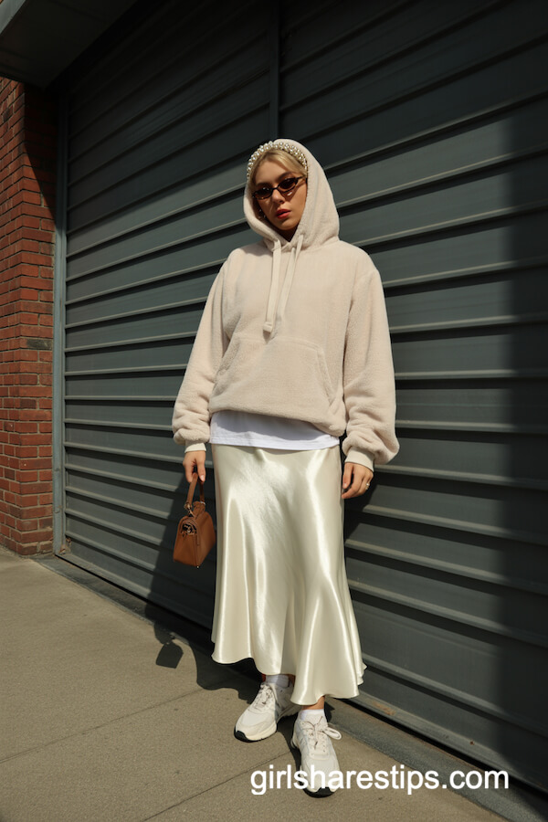 Cream Satin Maxi Skirt with Plush Hoodie and Sneakers
