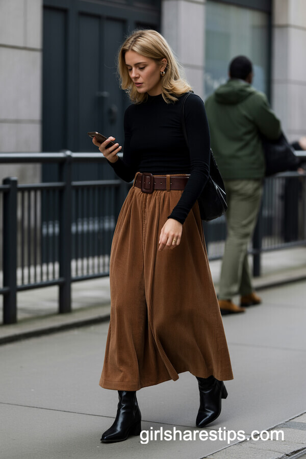 Brown Corduroy Maxi Skirt with Black Top and Belted Waist