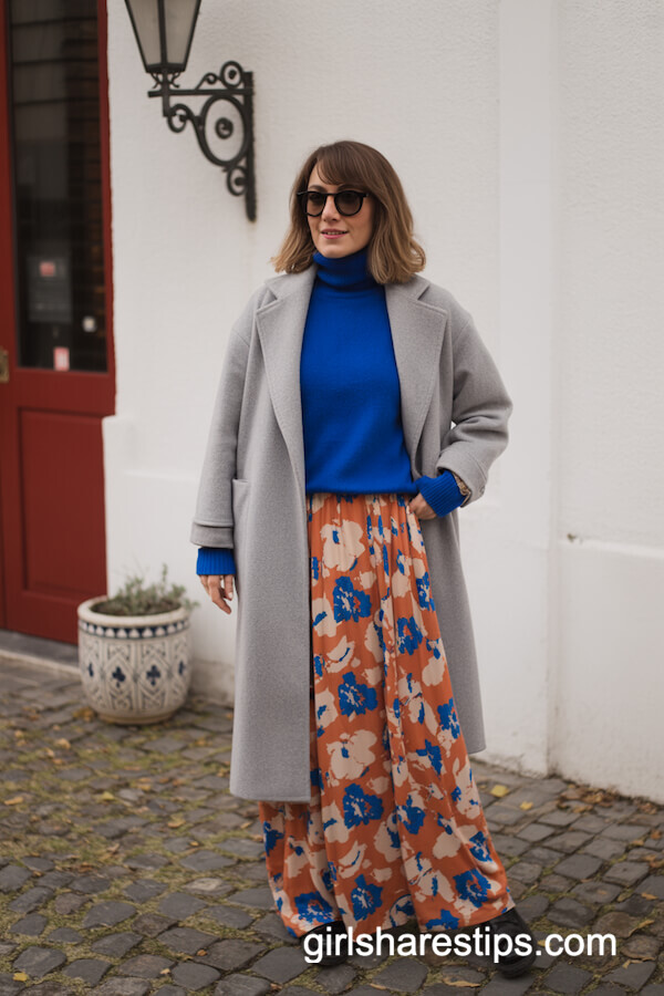 Bright Floral Maxi Skirt with Grey Coat and Blue Sweater
