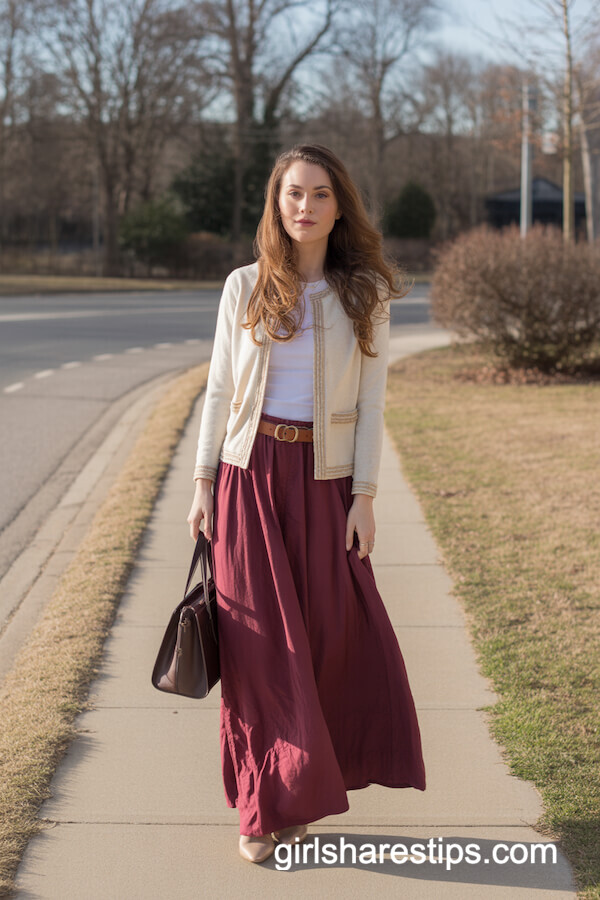 Burgundy Maxi Skirt with Cream Cardigan and Brown Belt