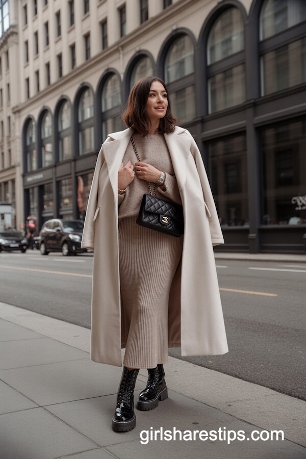 Knit Midi Maxi Skirt with Taupe Sweater and Wool Coat
