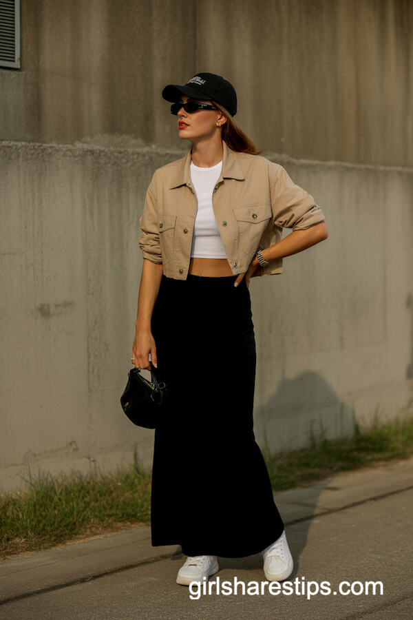Black Maxi Skirt with Cropped Jacket and Baseball Cap