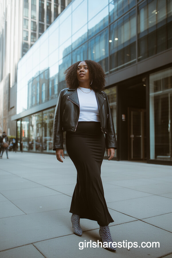 Sleek Black Maxi Skirt with Leather Jacket and Booties