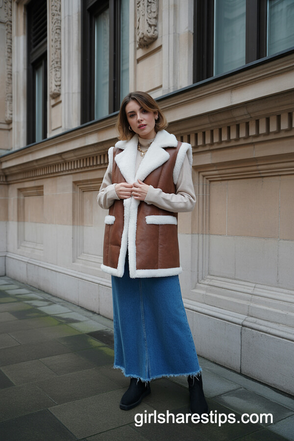 Denim Maxi Skirt with Shearling Vest and Cream Sweater