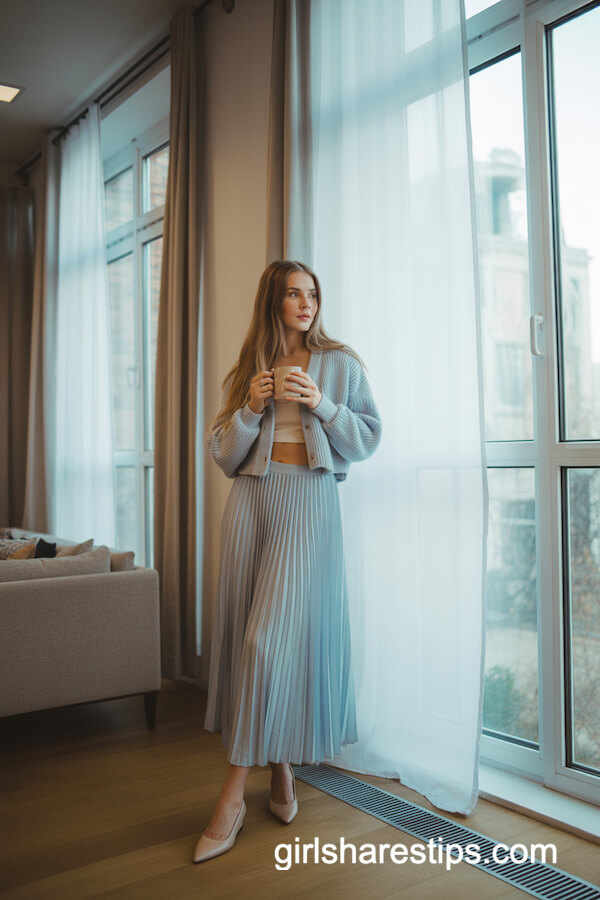 Pastel Blue Pleated Maxi Skirt with Cardigan and Flats
