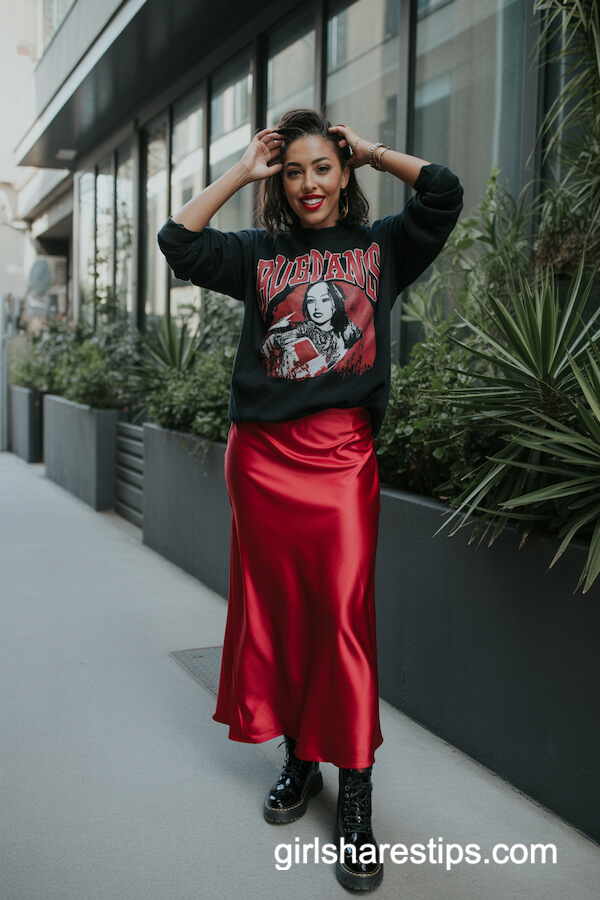 Red Satin Maxi Skirt with Graphic Sweatshirt and Combat Boots