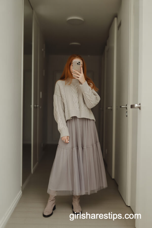 Grey Tulle Maxi Skirt with Cable Knit Sweater and Suede Boots