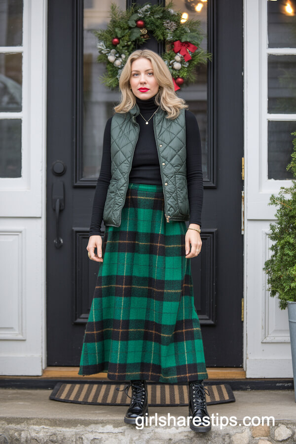 Green Plaid Wool Maxi Skirt with Turtleneck and Quilted Vest