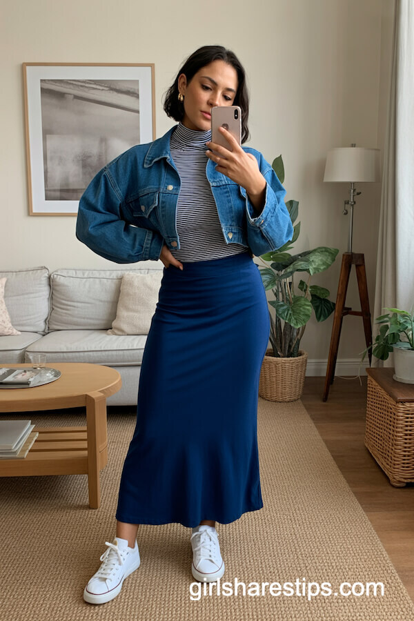 Navy Jersey Maxi Skirt with Striped Turtleneck and Denim Jacket