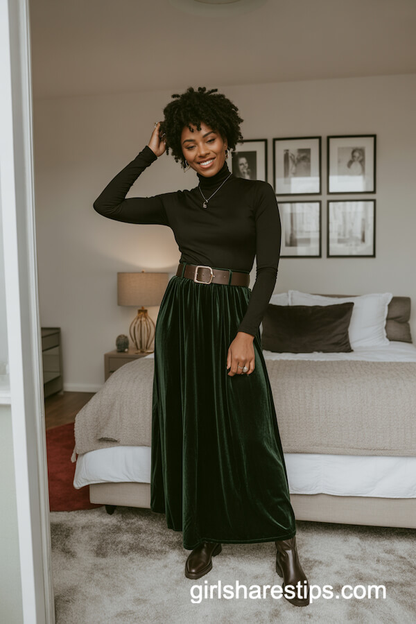 Deep Green Velvet Maxi Skirt with Turtleneck and Wide Belt