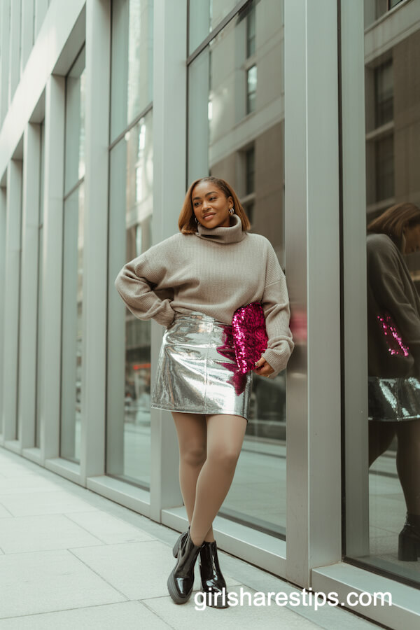 Silver Metallic Mini Skirt & Chunky Beige Sweater
