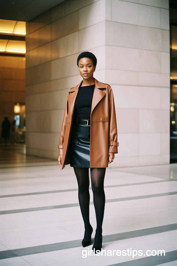 Brown Leather Trench & Black Mini Skirt