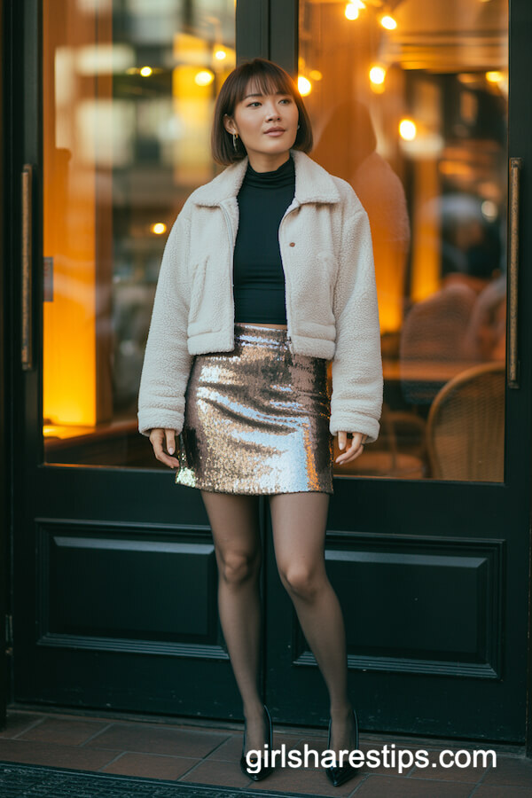Cropped Faux Sherpa & Sequin Mini Skirt
