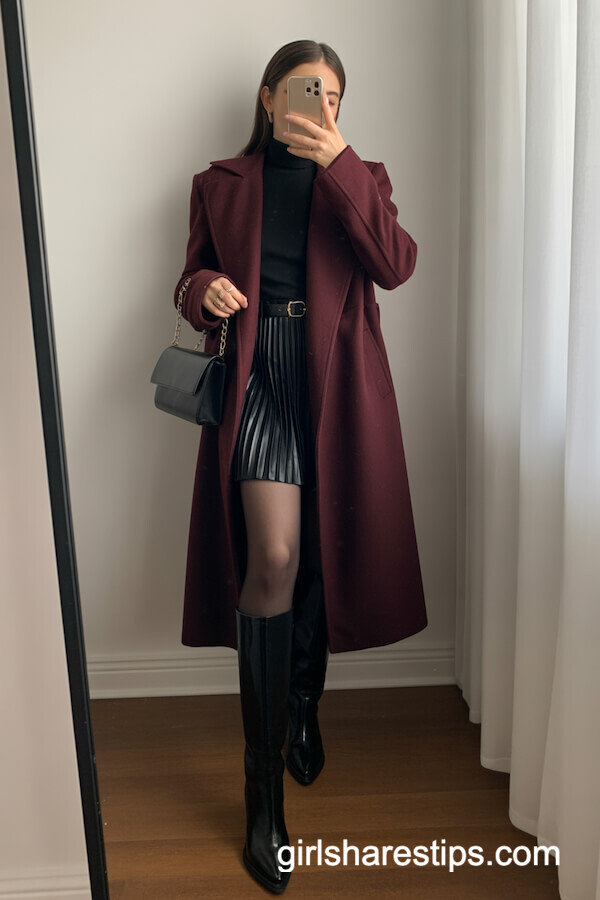 Burgundy Wool Coat & Black Pleated Mini Skirt