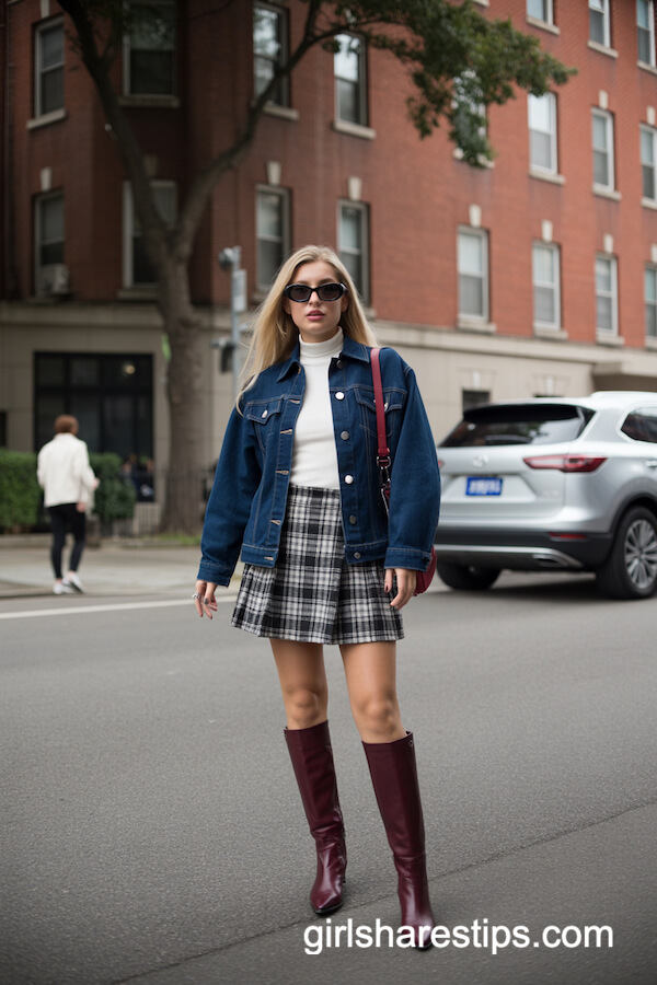 Denim Jacket & Plaid Mini Skirt