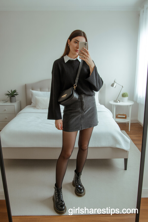Black Bell Sleeve Sweater & Charcoal Mini Skirt