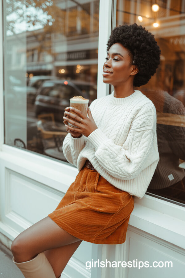 Cream Cable Knit Sweater & Burnt Orange Mini Skirt