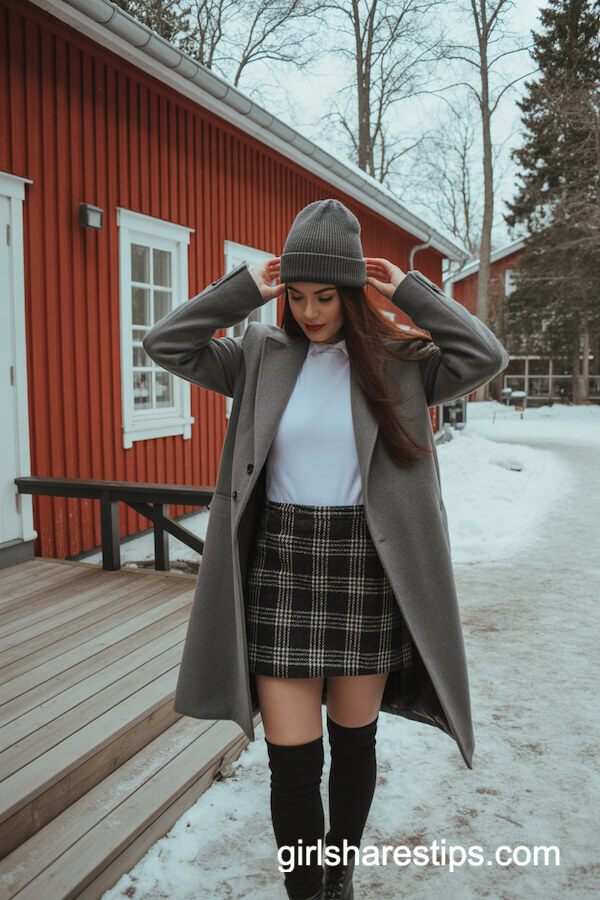 Gray Wool Coat & Plaid Mini Skirt