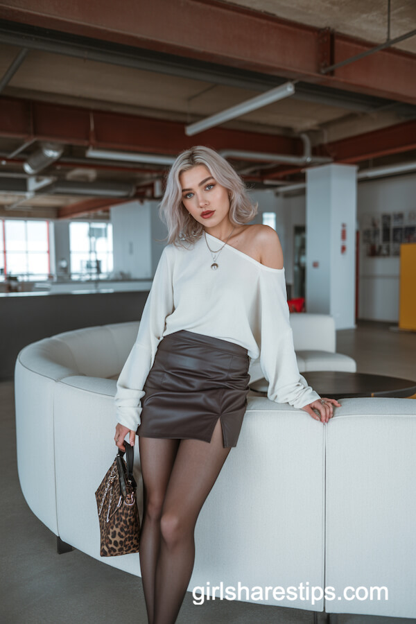 Off-Shoulder Sweater & Brown Leather Mini Skirt