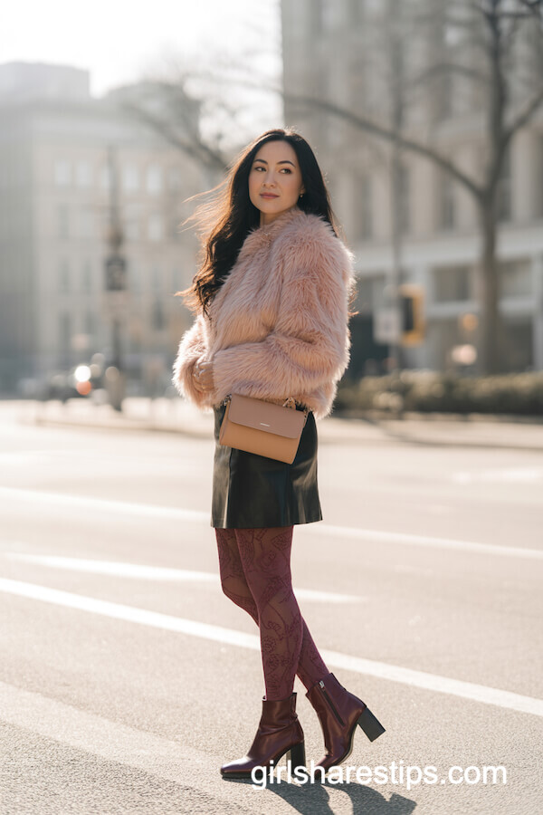 Blush Faux Fur Jacket & Black Leather Mini Skirt