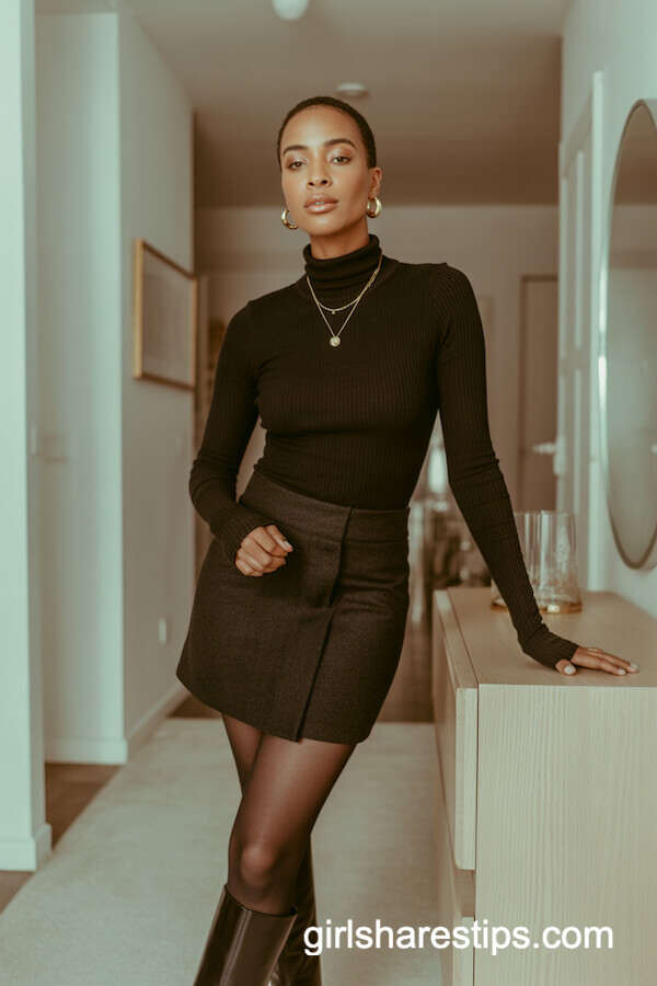 All-Black Knit Turtleneck & Wool Mini Skirt