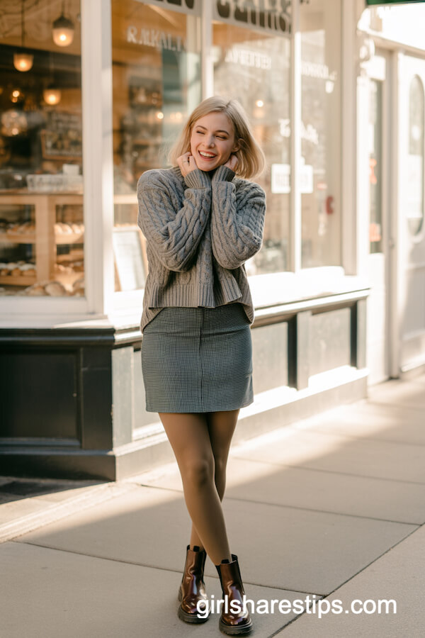 Chunky Gray Sweater & Navy Checkered Mini Skirt