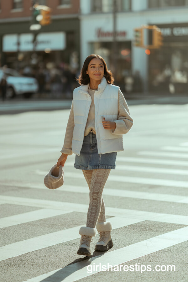 White Puffer Vest & Denim Mini Skirt