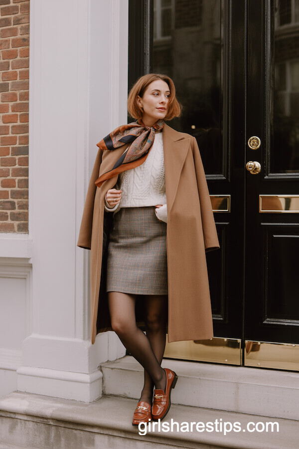 Camel Wool Coat & Gray Plaid Mini Skirt