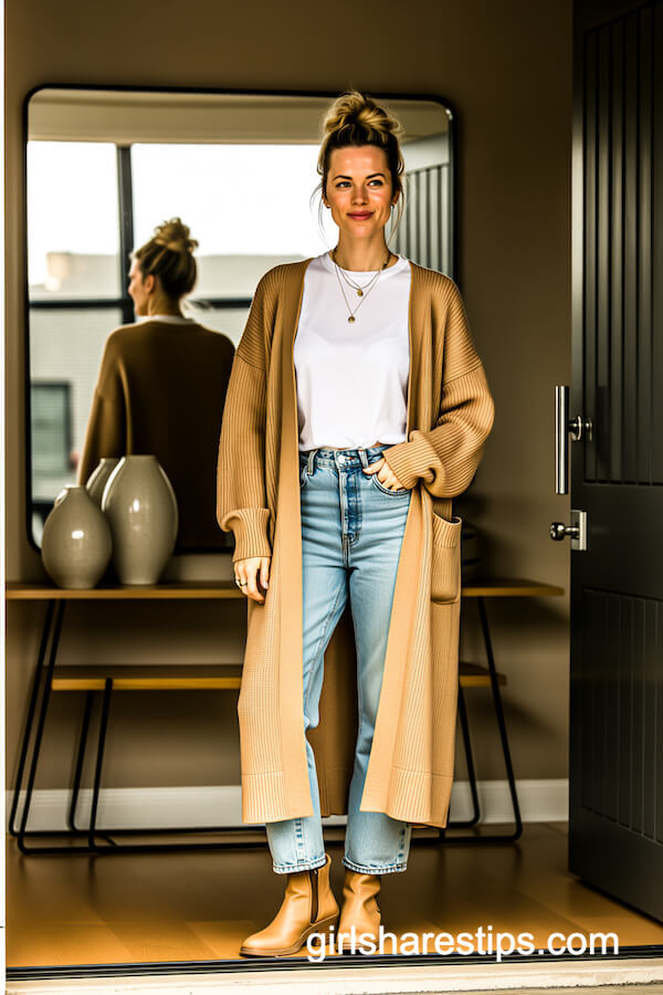 Camel Cardigan with Tee and Jeans