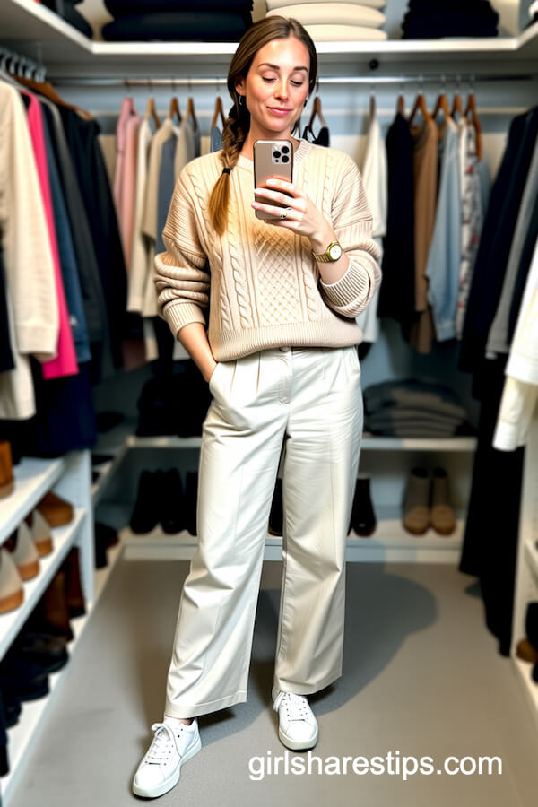 Cable Knit Sweater and White Trousers