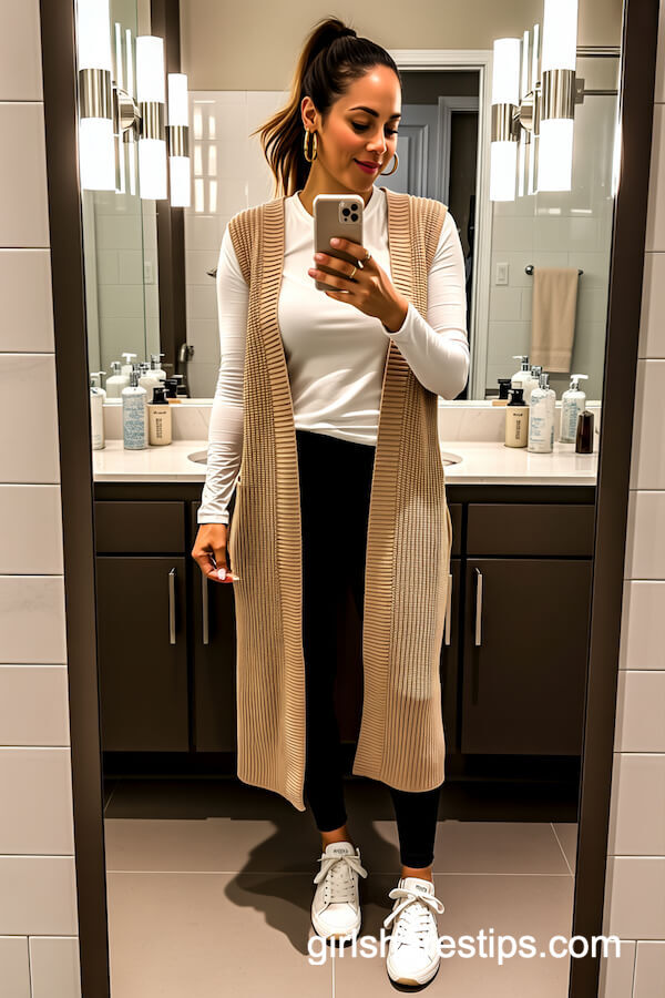 Knit Vest over Long Sleeve and Leggings
