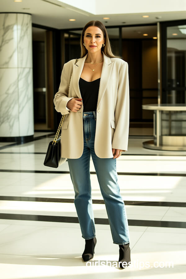 Cream Blazer and Bodysuit with Jeans