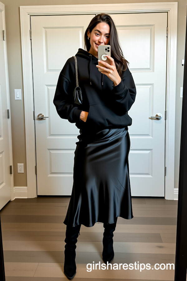 Black Hoodie with Satin Midi Skirt