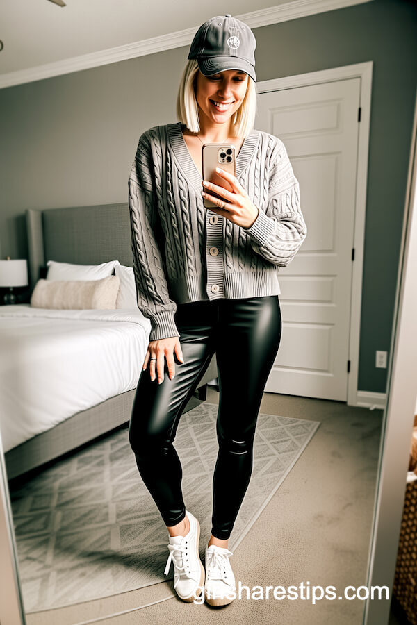 Cardigan with Faux Leather Leggings