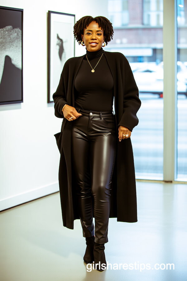 All-Black Cardigan and Leather Leggings