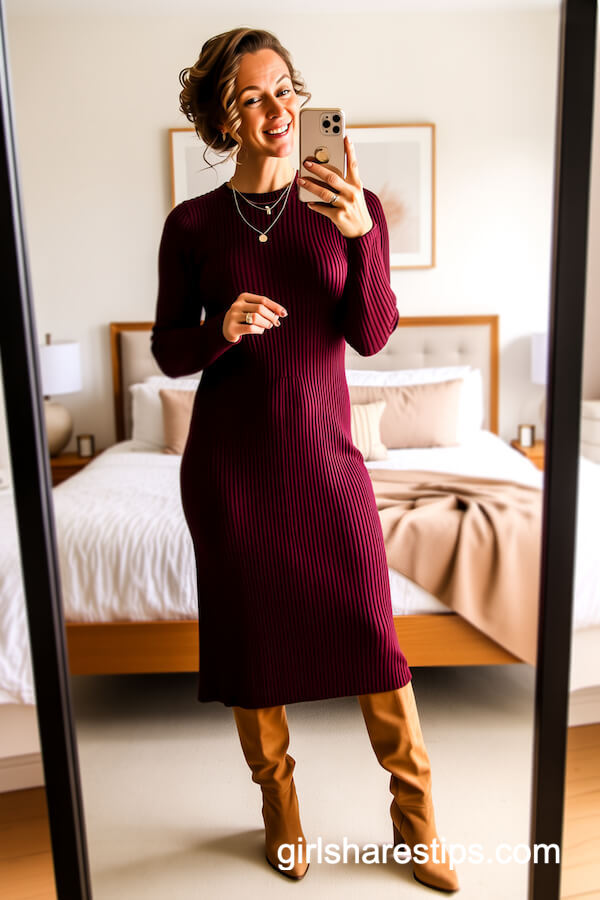 Burgundy Sweater Dress and Tan Boots