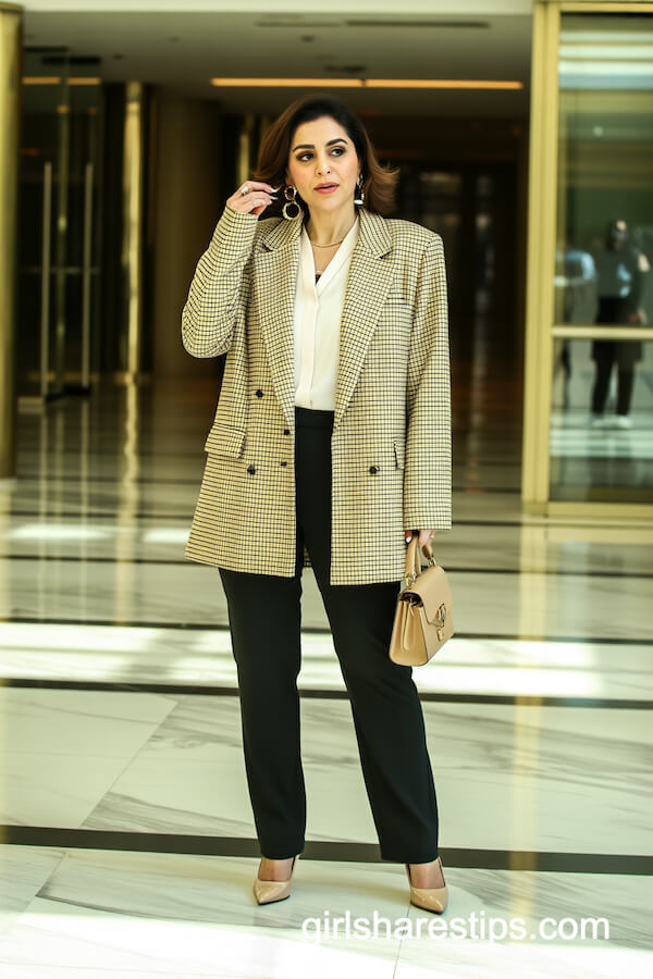 Plaid Blazer with Blouse and Trousers
