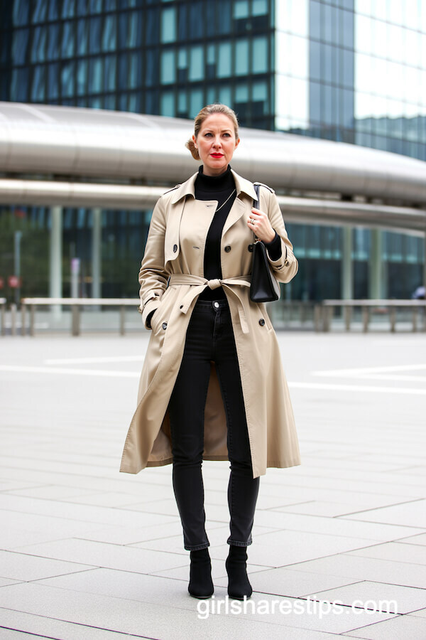 Trench Coat with Turtleneck and Skinny Jeans