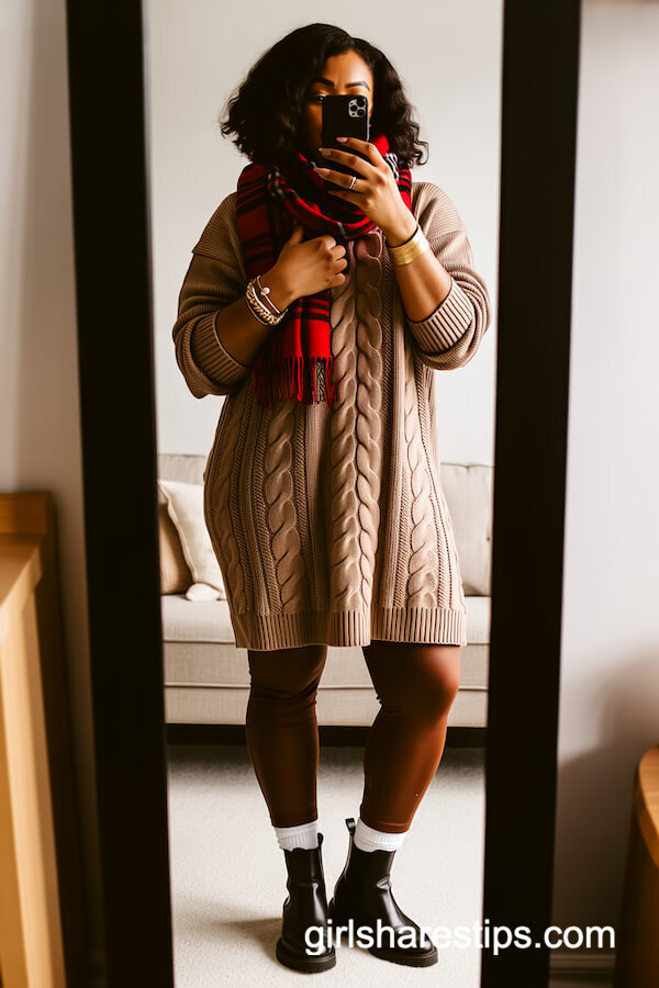 Oversized Sweater Dress with Plaid Scarf