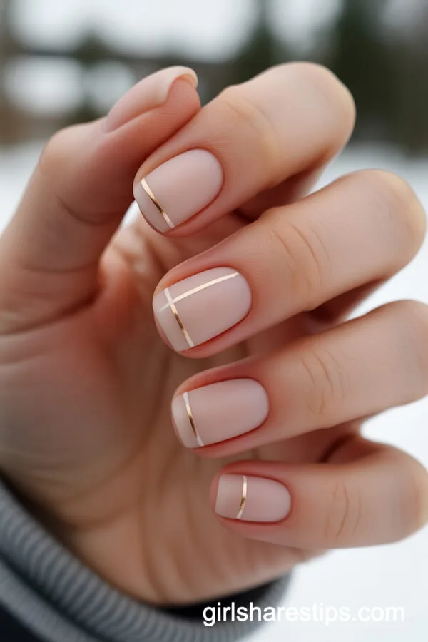 Modern Matte Nude Nails with White and Gold Geometry