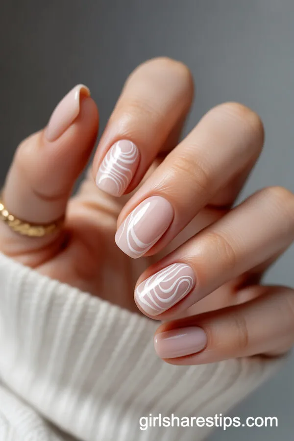 Nude Nails with Subtle White Abstract Swirls