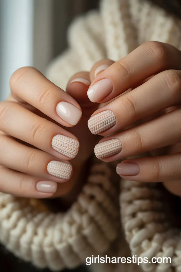 Matte Nude Nails with 3D Knitted Sweater Textures