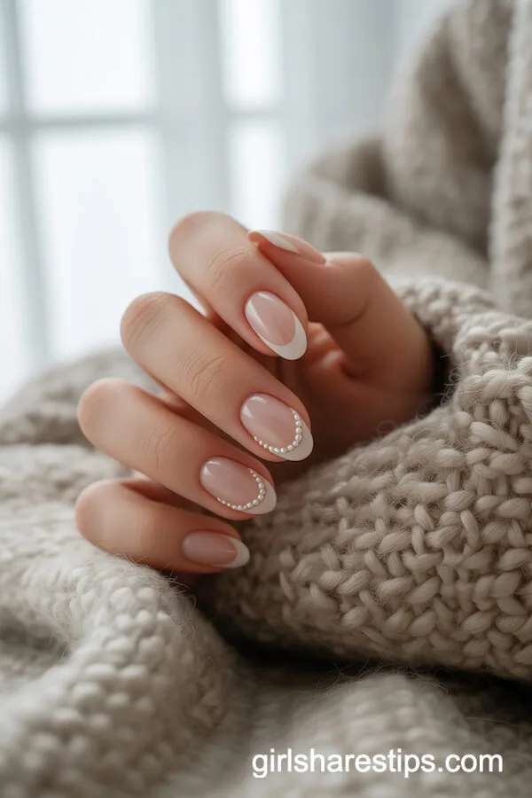 Nude French Nails with Pearl Accent Lines
