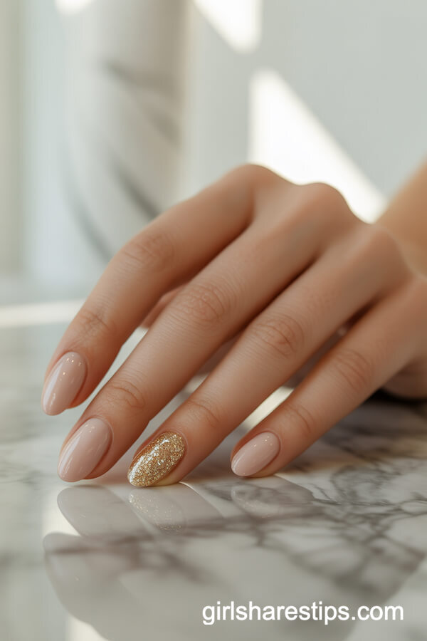 Nude Nails with Gold Glitter Gradient Accent